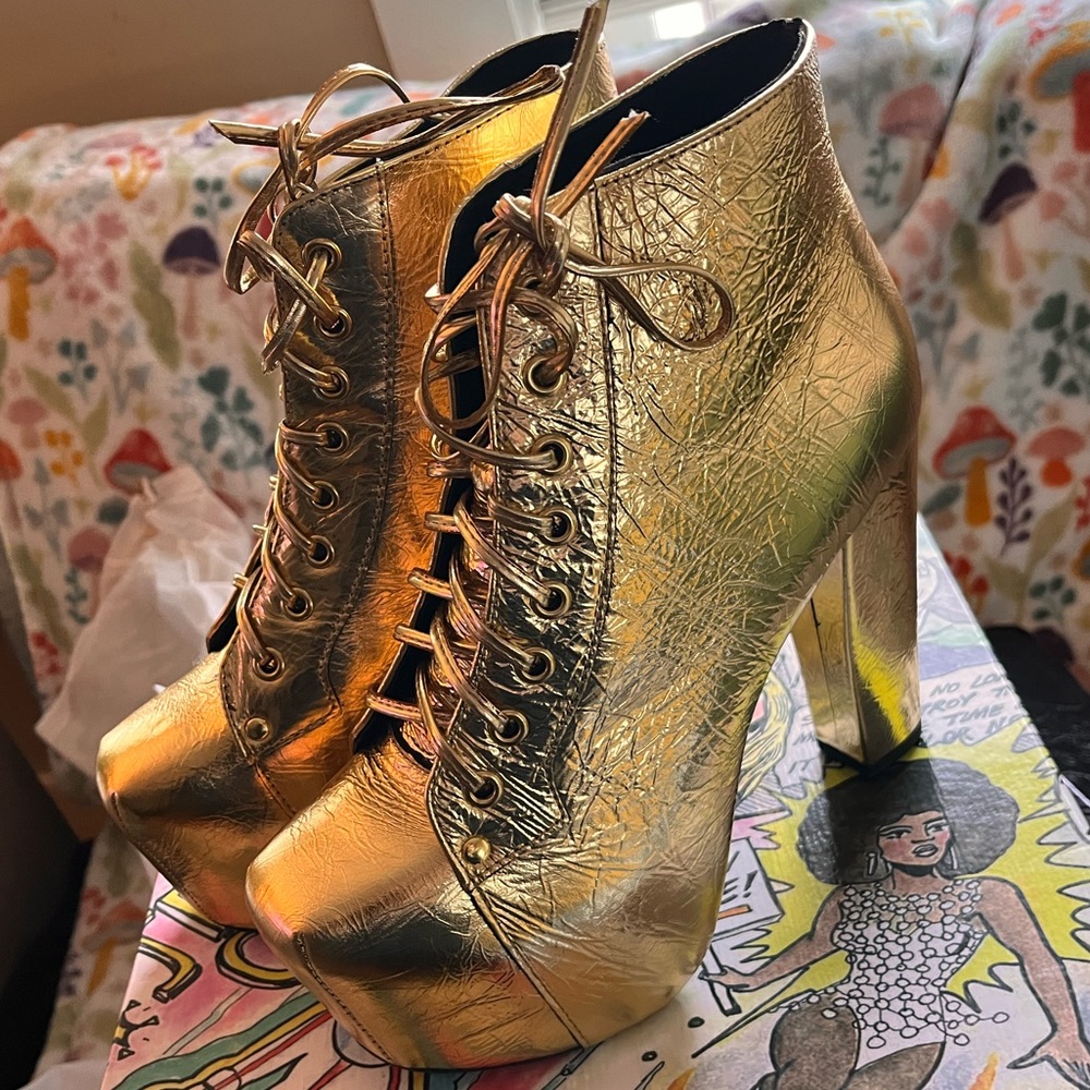 Jeffrey Campbell gold foil Lita platform booties